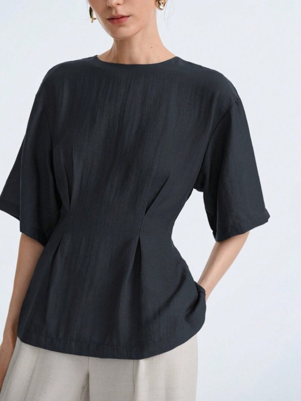 Muted Navy Blue Woven Blouse with Waist Pleat Detail